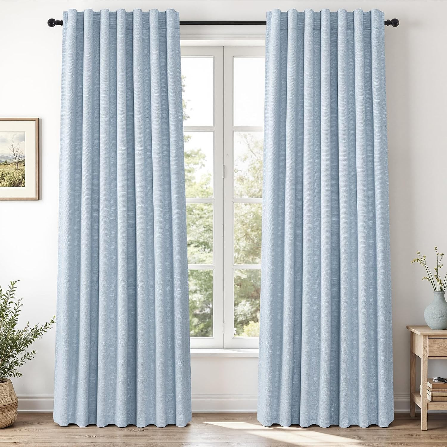 Light Blue Linen Curtains 84 Inches Long for Living Room Bedroom 100% Full Black