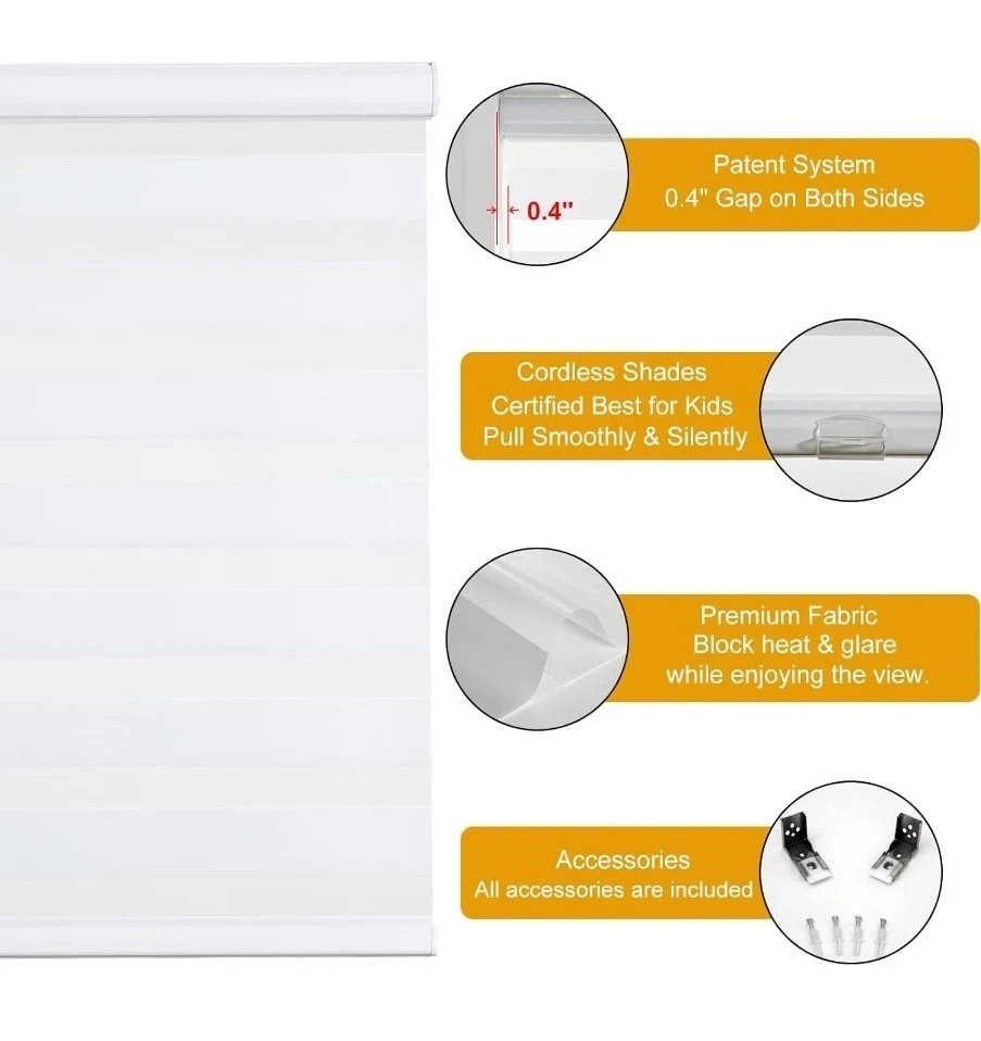 Persilux Cordless Zebra Blinds for Windows (58″ W X 72″ H, White)
