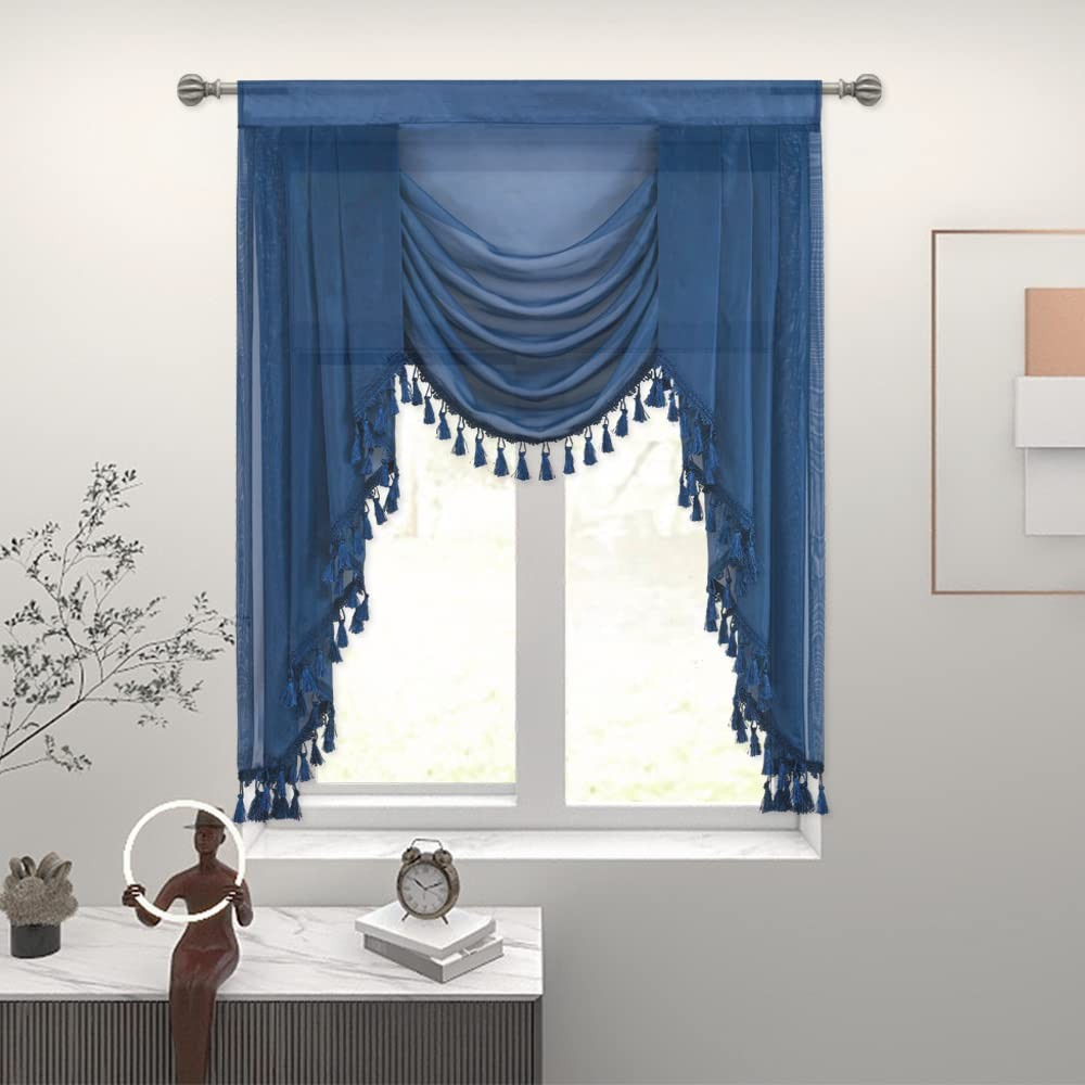 Oyring Navy Blue Waterfall Sheer Window Valances For Living Room Decor Tassels