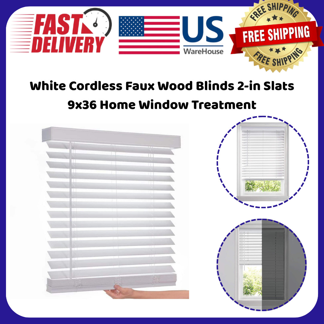 White Cordless Faux Wood Blinds 2-in Slats 9×36 Home Window Treatment