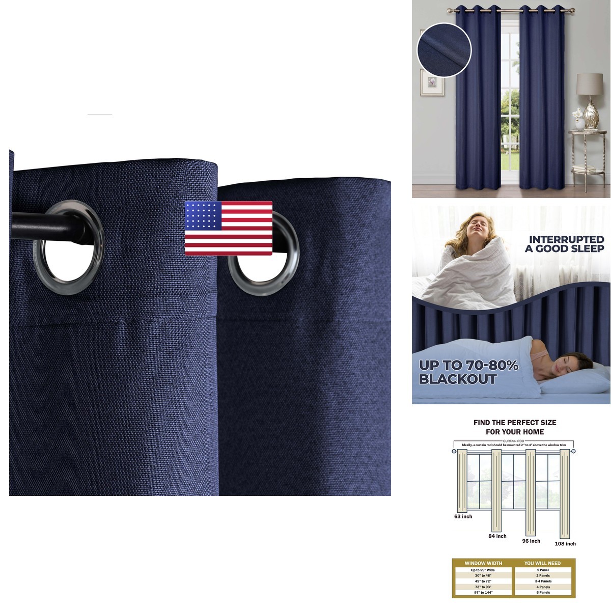 Superior Blackout Curtains 2 Pack 42″ x 63″ Navy Blue Linen Pattern