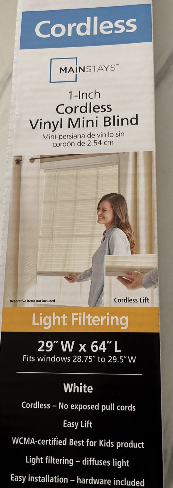Mainstays 1″ Cordless Vinyl Light Filtering Mini Blinds, White, 29″ W x 64″ L