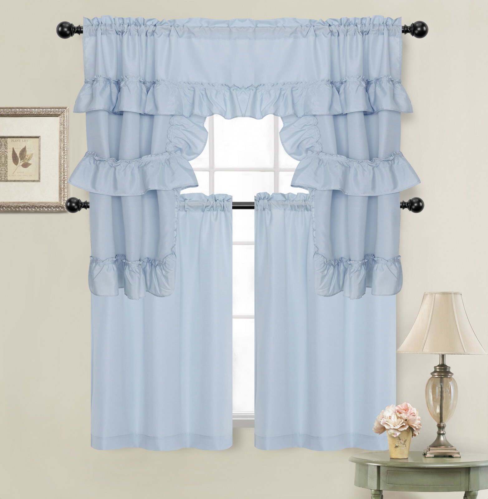 Country Farmhouse Solid Colored Kitchen Curtain Tier/Swag Set – Assorted Colors