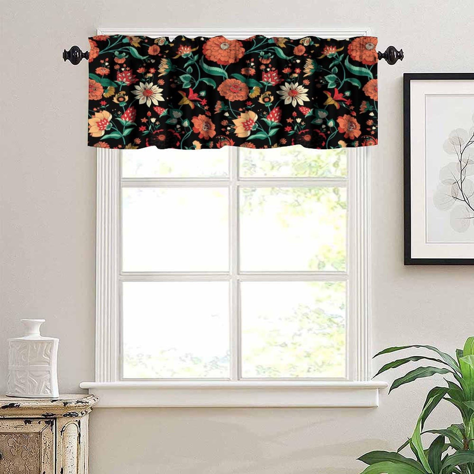 Boho Floral Valance Curtain for Kitchen Black Minimalist Rustic Hippy Mandala…