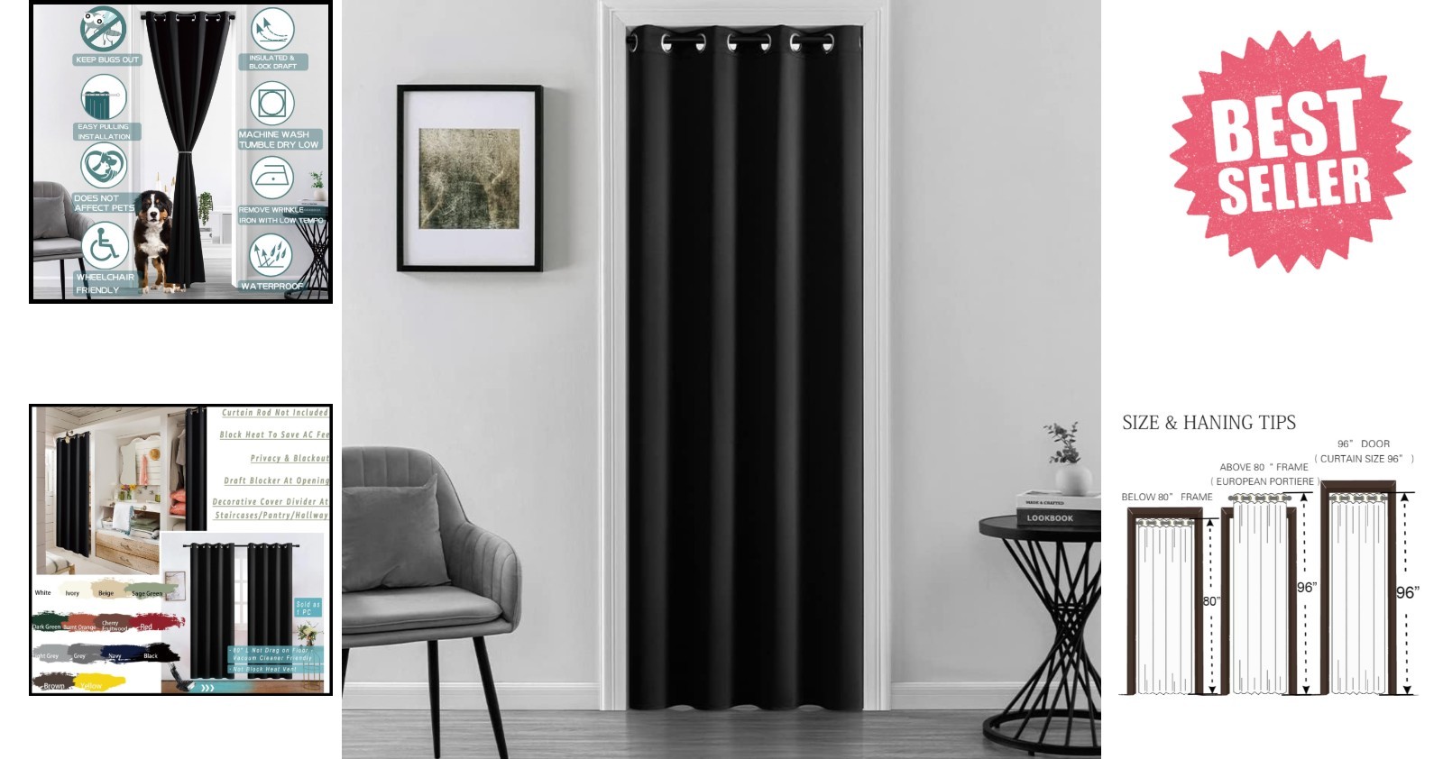 Grommet Top Room Divider & Privacy Curtain 42” W x 80” L – Blackout Fabric