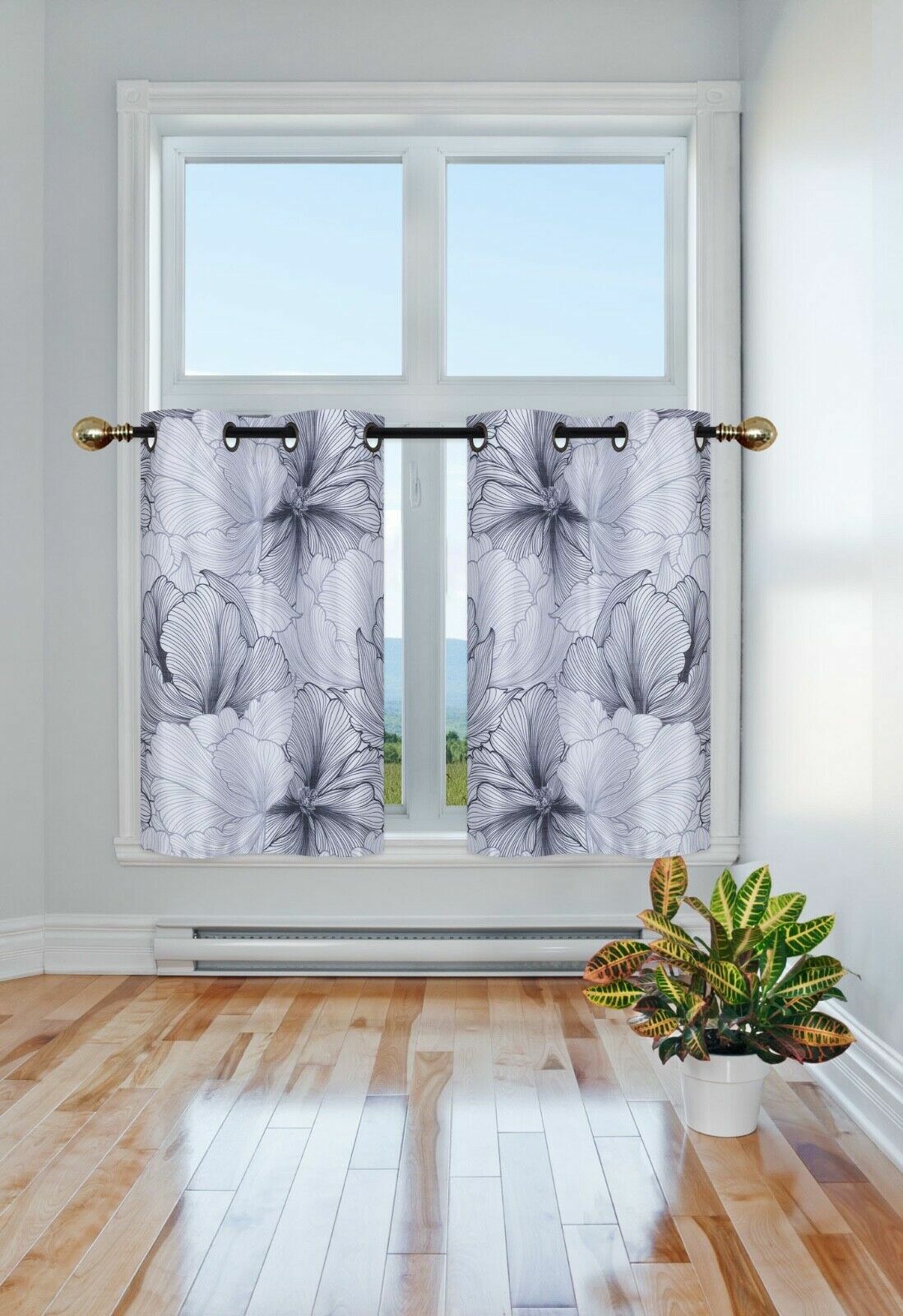 FLORAL PRINTED BRONZE GROMMET LINED BACKING WINDOW CURTAIN PANEL PRIVACY SET