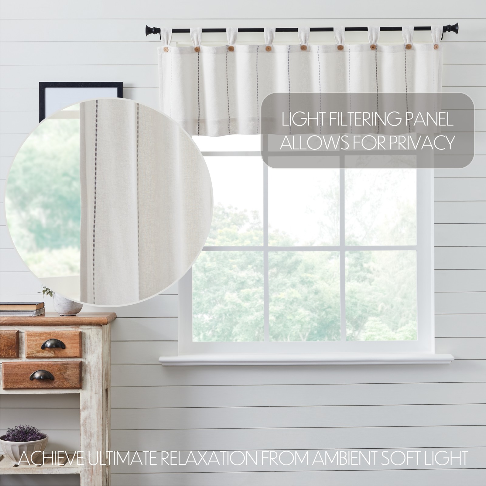 Stitched Burlap Soft White Set (1 Valance 16×72 ; 2 Tier 24×36) VHC Brands