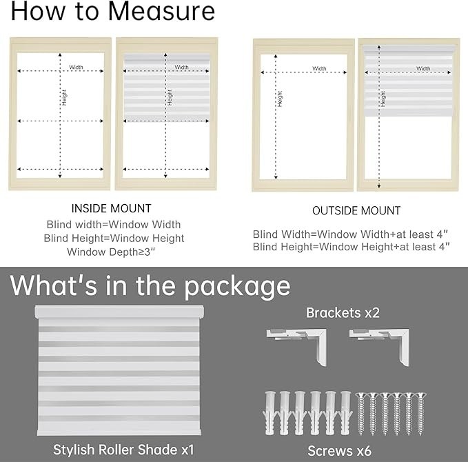 FEBORY Cordless Zebra Roller Shades 23″W x 72″H White
