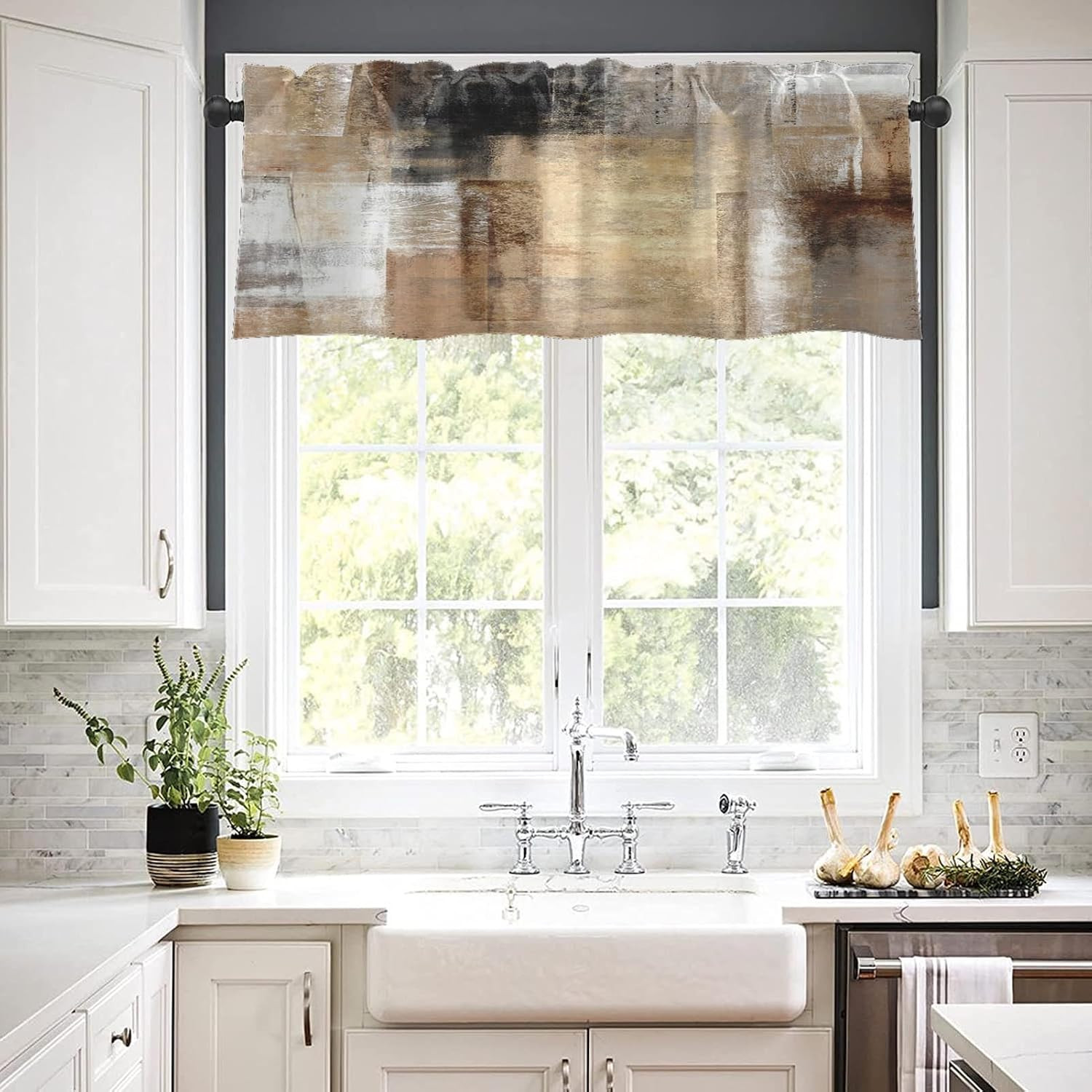2 Pack Valances Window Treatments, Brown Abstract Modern Art Blackout Drapes Adj