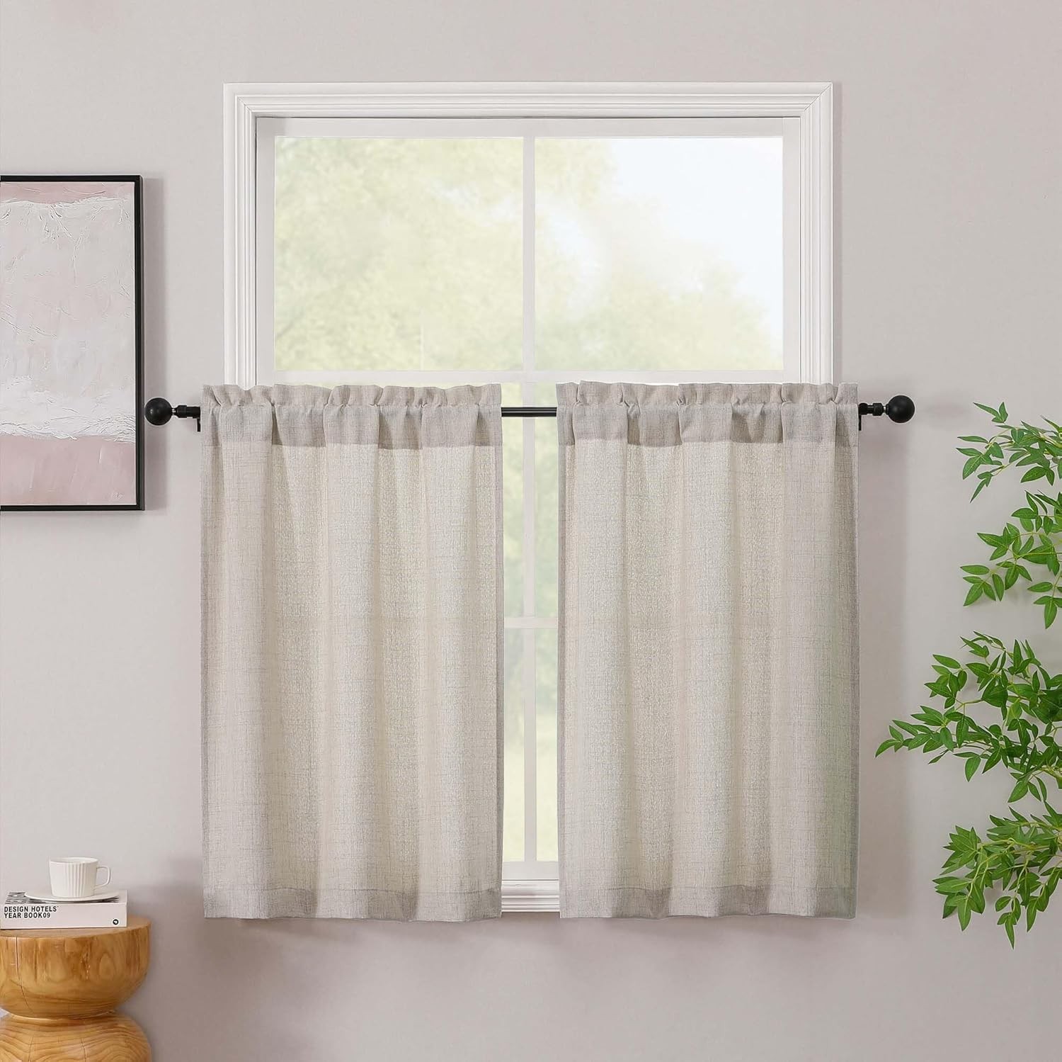 Linen Kitchen Window Curtains Tier 36 Inch Length 2 Panels, Faux Linen Textured