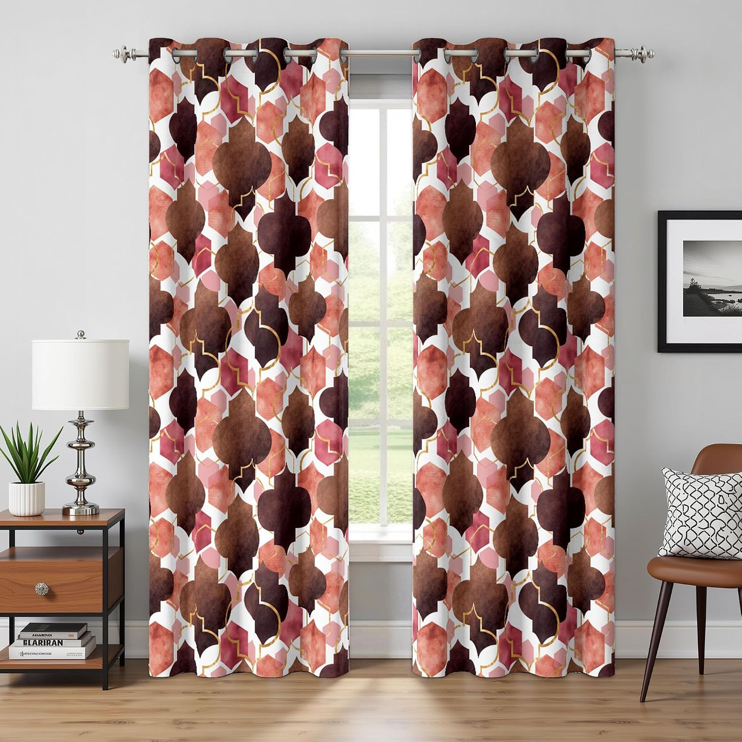 Moroccan 100% Blackout Curtains for Bedroom Brown Red Abstract Geometric Black O