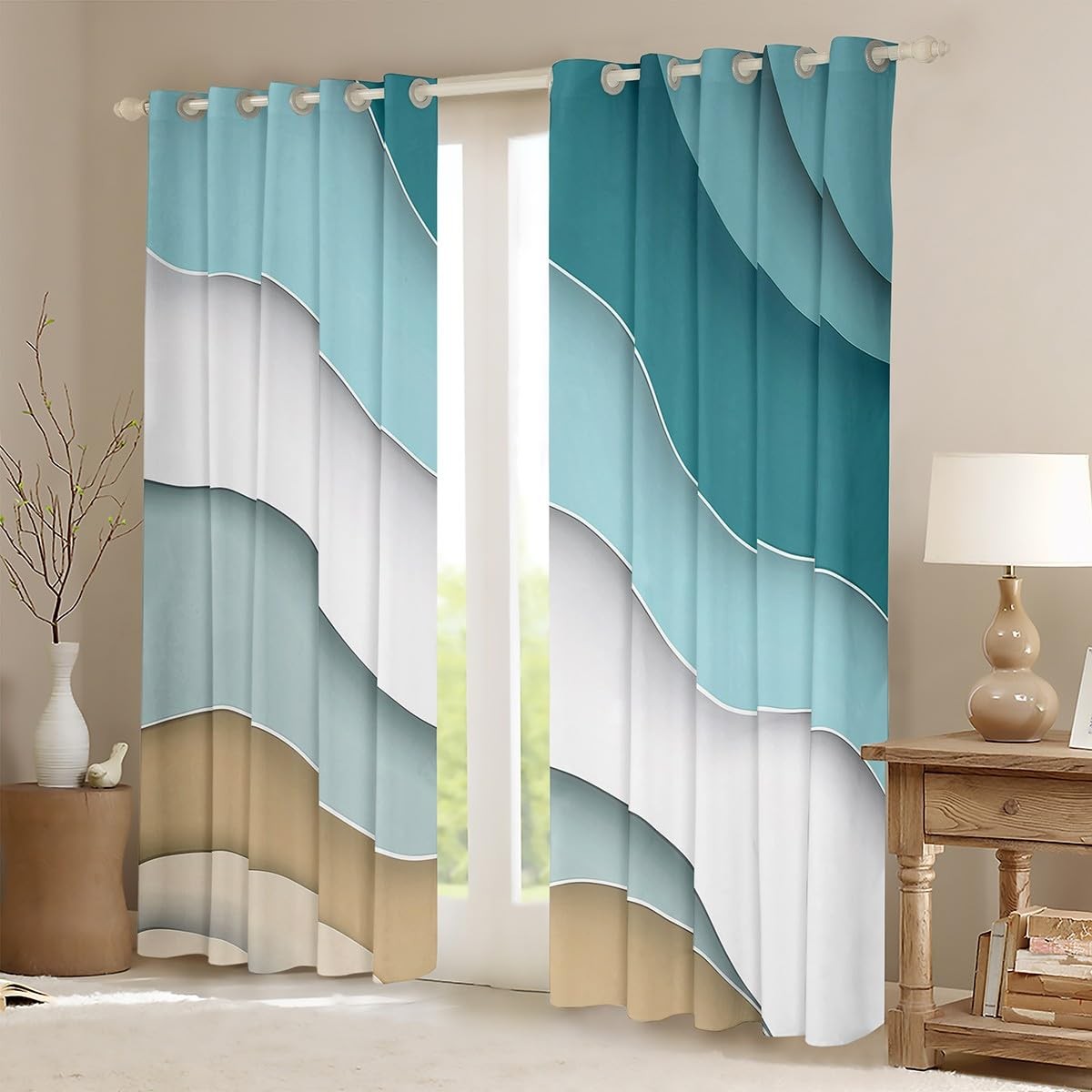 Homewish Abstract Ombre Window Curtain Ocean Waves Curtains Decor Blue Sea And