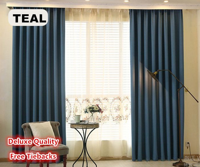 DELUXE QUALITY BLOCKOUT EYELET CURTAINS LINEN VELVET PURE FABRIC DARK TEAL BLUE