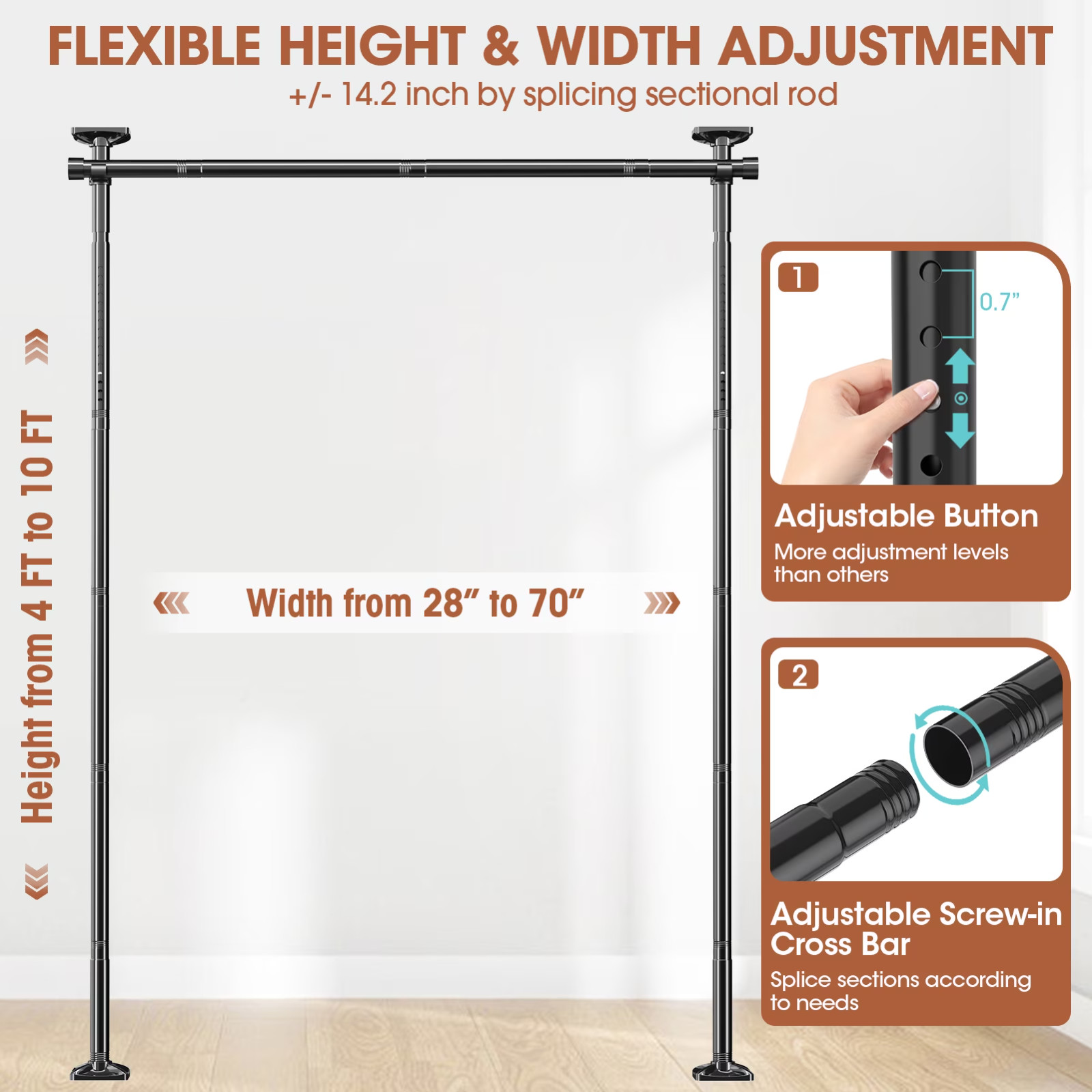 SUNALLY Room Divider Curtain Rod… 4-10ft(H) 28-70inch(W) Heavy Duty Temporary