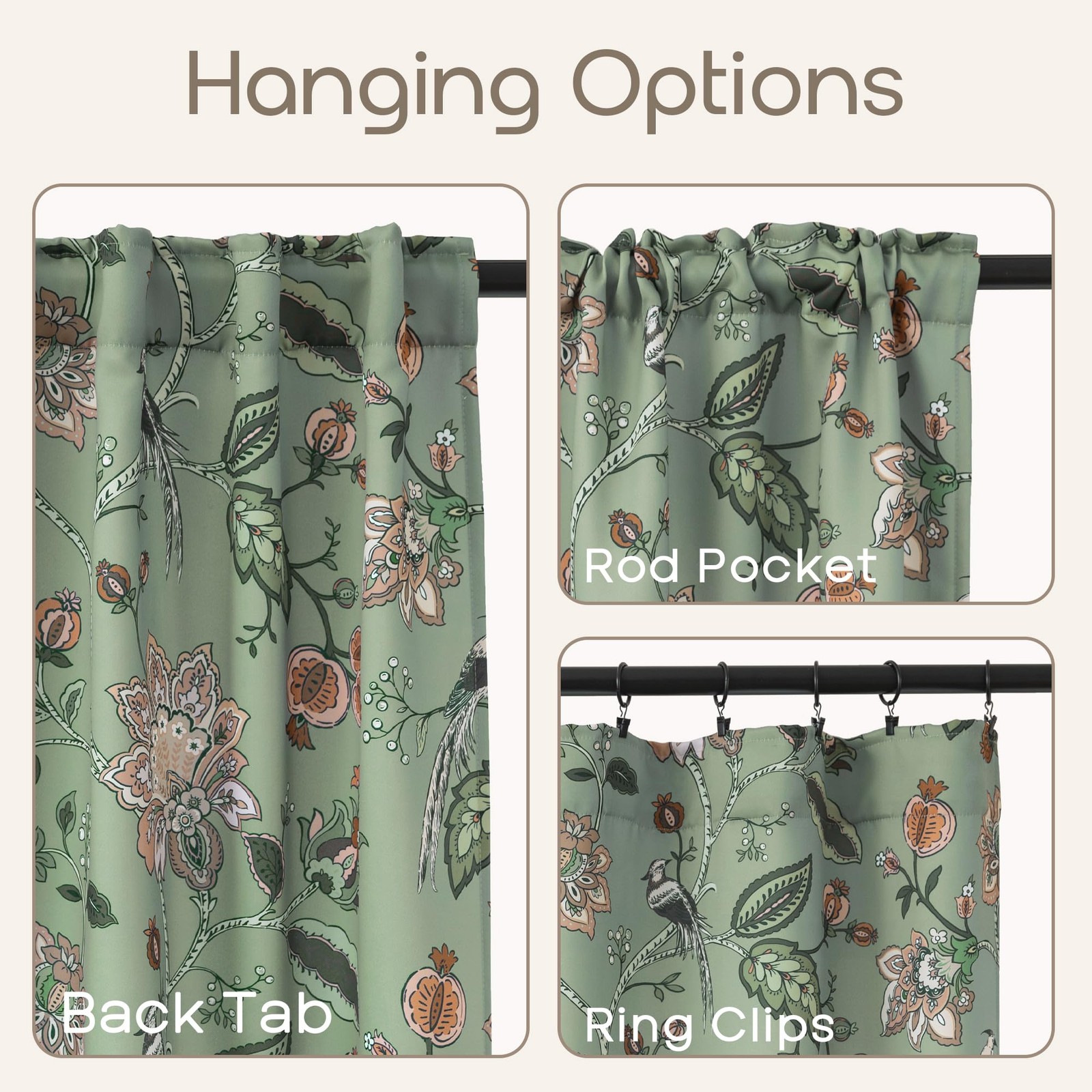 Lino Rosa Short Floral Patterned Blackout Curtains for Bedroom, Decorative Black