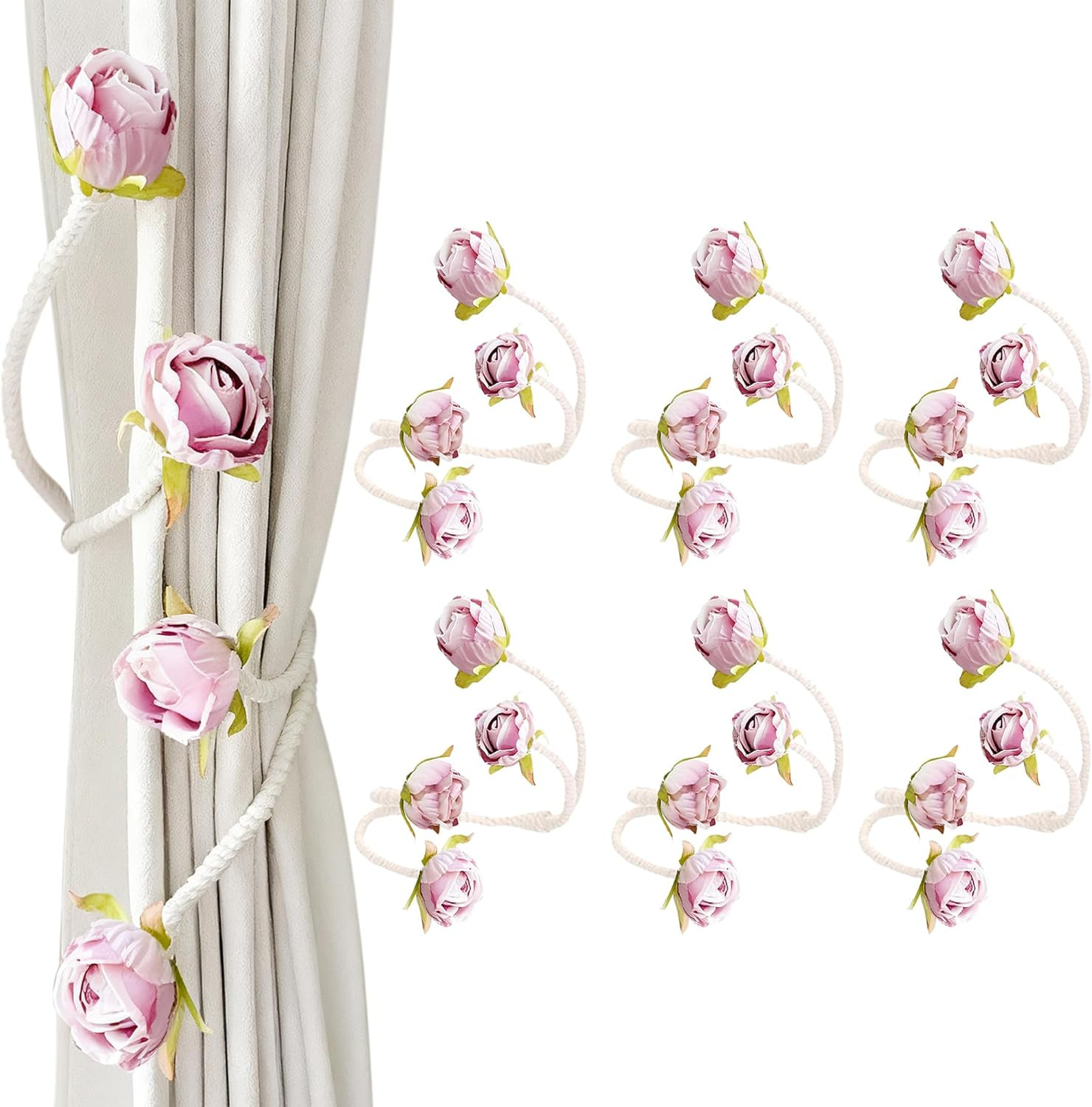 Decorative Rose Curtain Tieback with Artificial Flowers, Pink Roses on White Twi