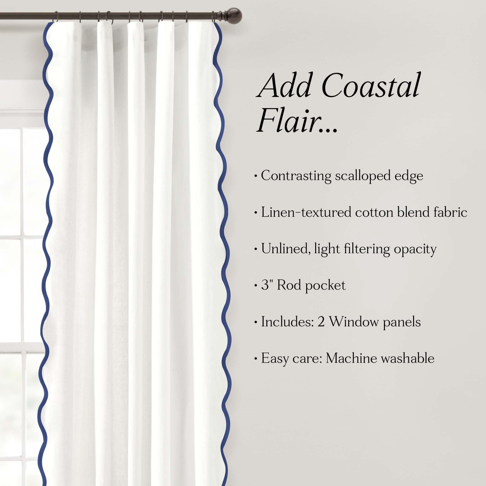 Coastal Chic Scallop Edge Window Curtain Panel Pair 52 W X 84 L Navy W