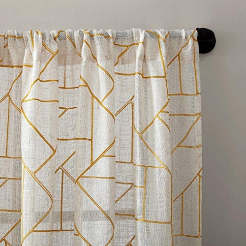 – 54889 Fragmented Geometric Embroidery Mid 50″W x 84″L (Pack of 1) Gold/Linen