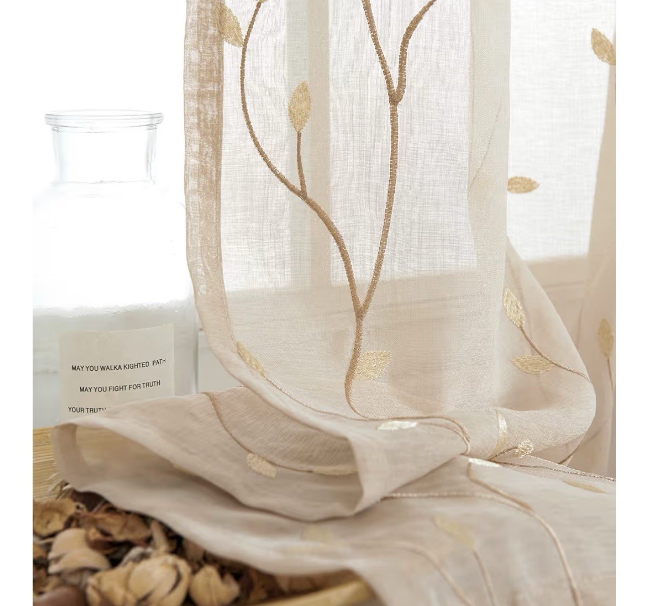 Jinchan Beige W/gold Leaves Transparent curtains window set of 2 panels