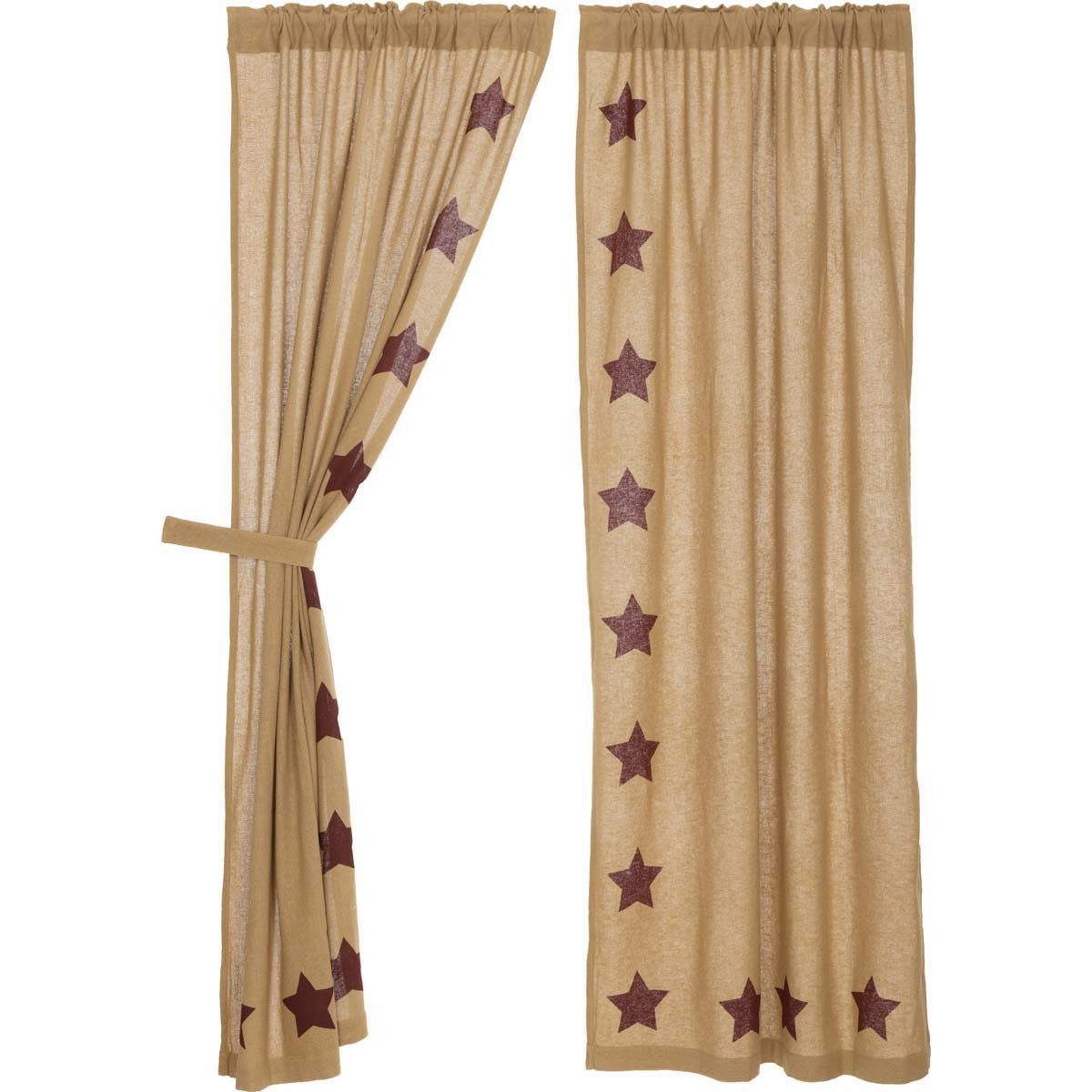 Natural Burlap Burgundy Stenciled Stars Primitive Country Window Panels 2 Sizes
