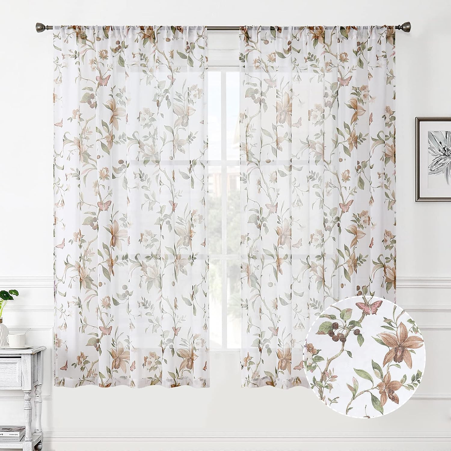 Floral Sheer Curtains Taupe Cherry Flower Butterfly Print Living Room Curtain Ro