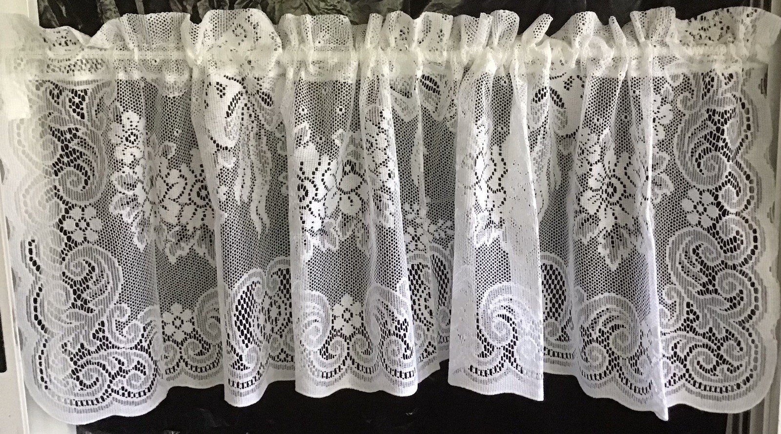 Lace Window Valance White Ayshire design 19″L x 63″ W set of 2 Factory Error