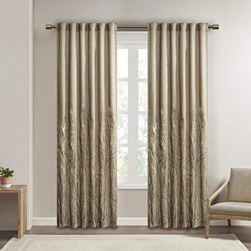 MADISON PARK ANDORA EMBROIDERED BRANCHES FAUX SILK CURTAIN PANEL 50″ X 84″ TAN