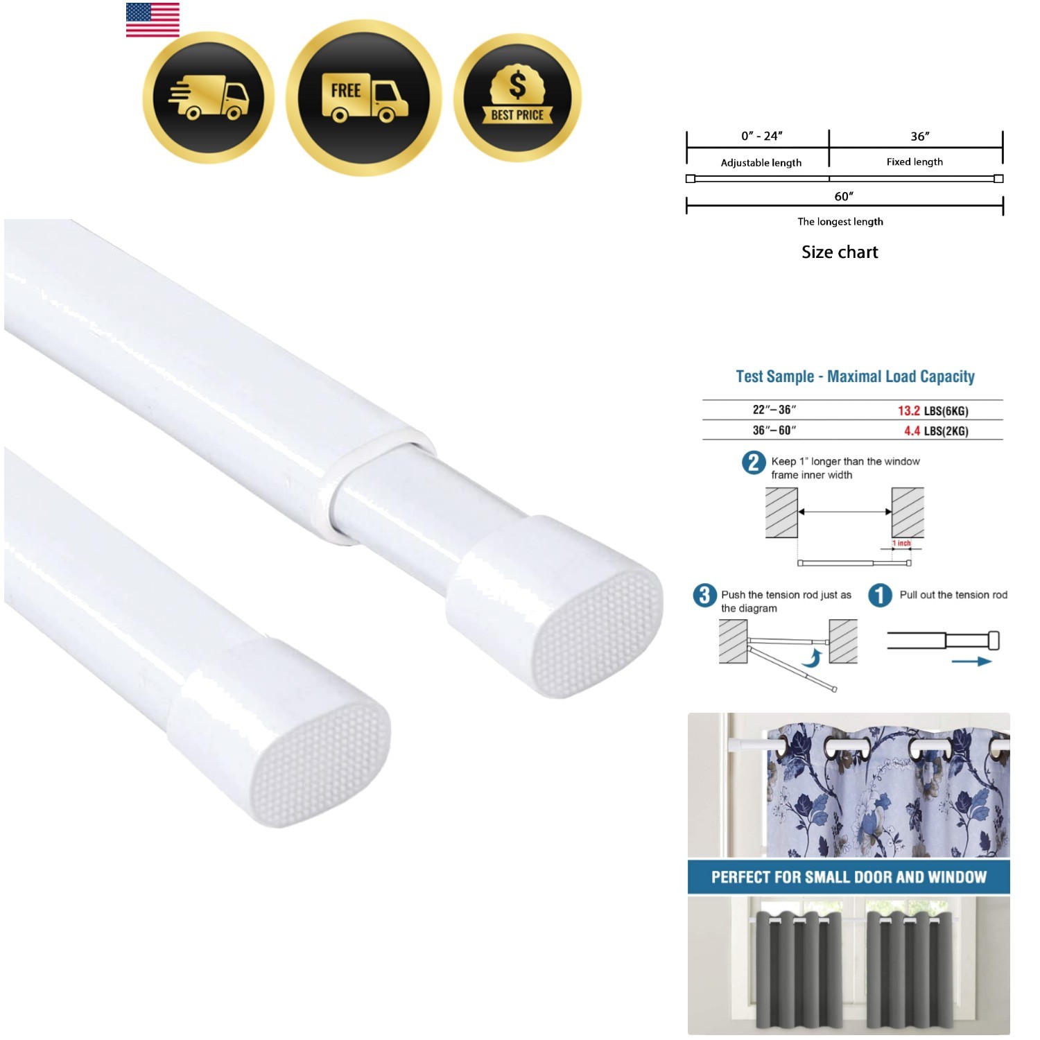 2 Pack Spring Tension Curtain Rods 36-60 Inch Lightweight Tensions Rods Secur…