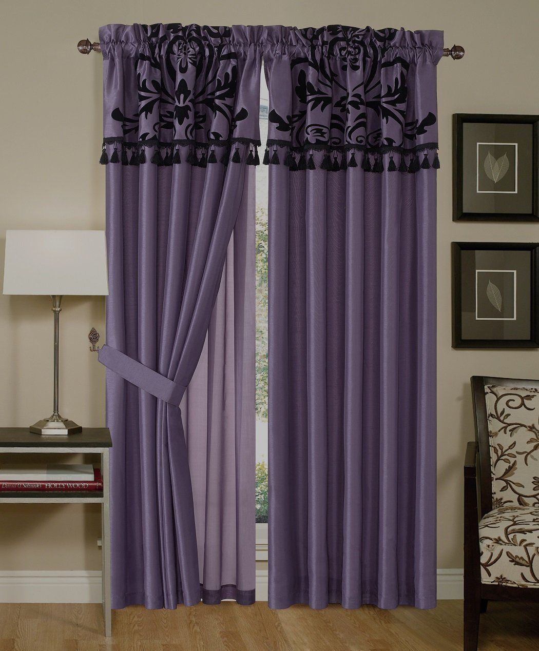 Nobility 2-Panels Faux Silk Flocked Floral Window Curtain Set w/Attached Valance