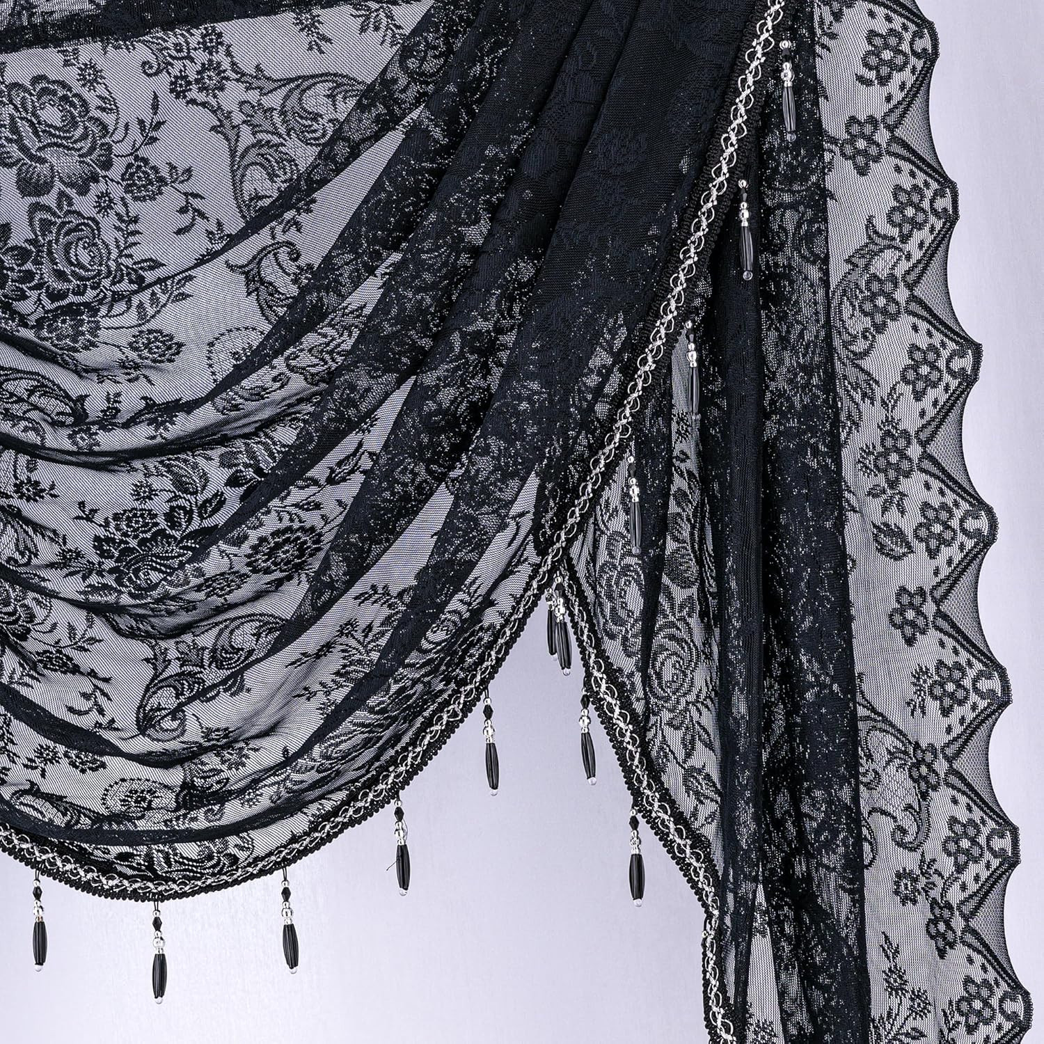 Black Sheer Lace Waterfall Window Valance with Bead Tassels Floral Embroidered V