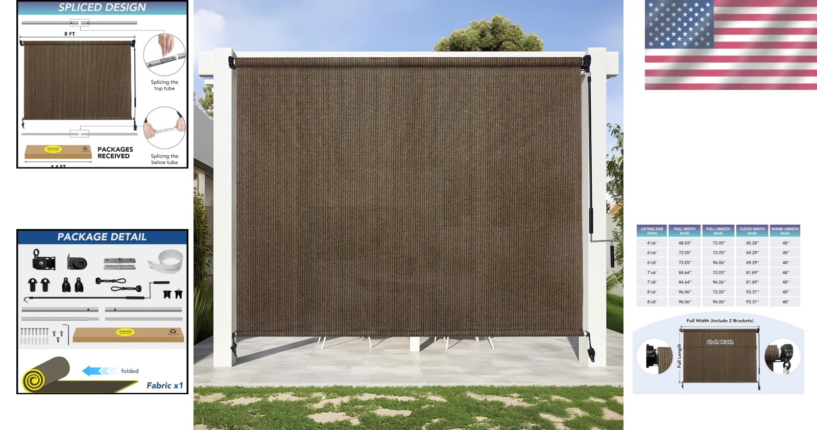 Outdoor Roller Shade Sun Blocker UV Protection Patio Porch Gazebo Mocha 8ft