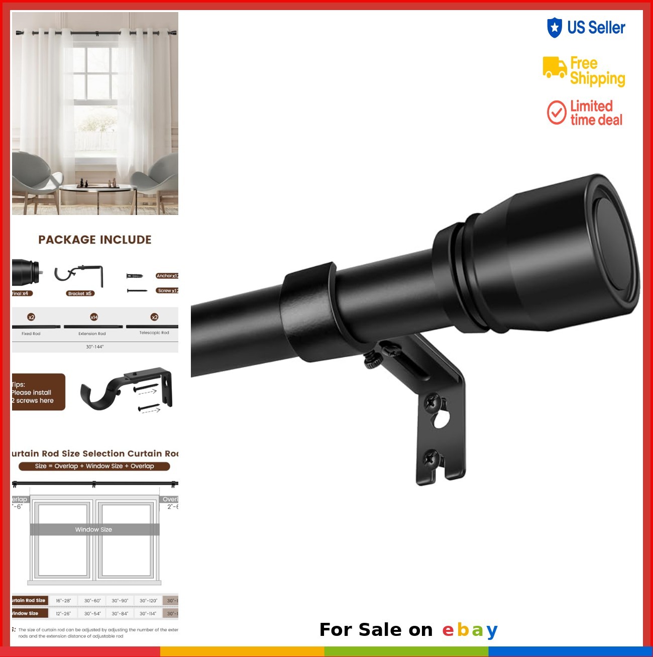 Heavy Duty Curtain Rod 1 Inch Diameter 30-144 Inch Matte Black Adjustable