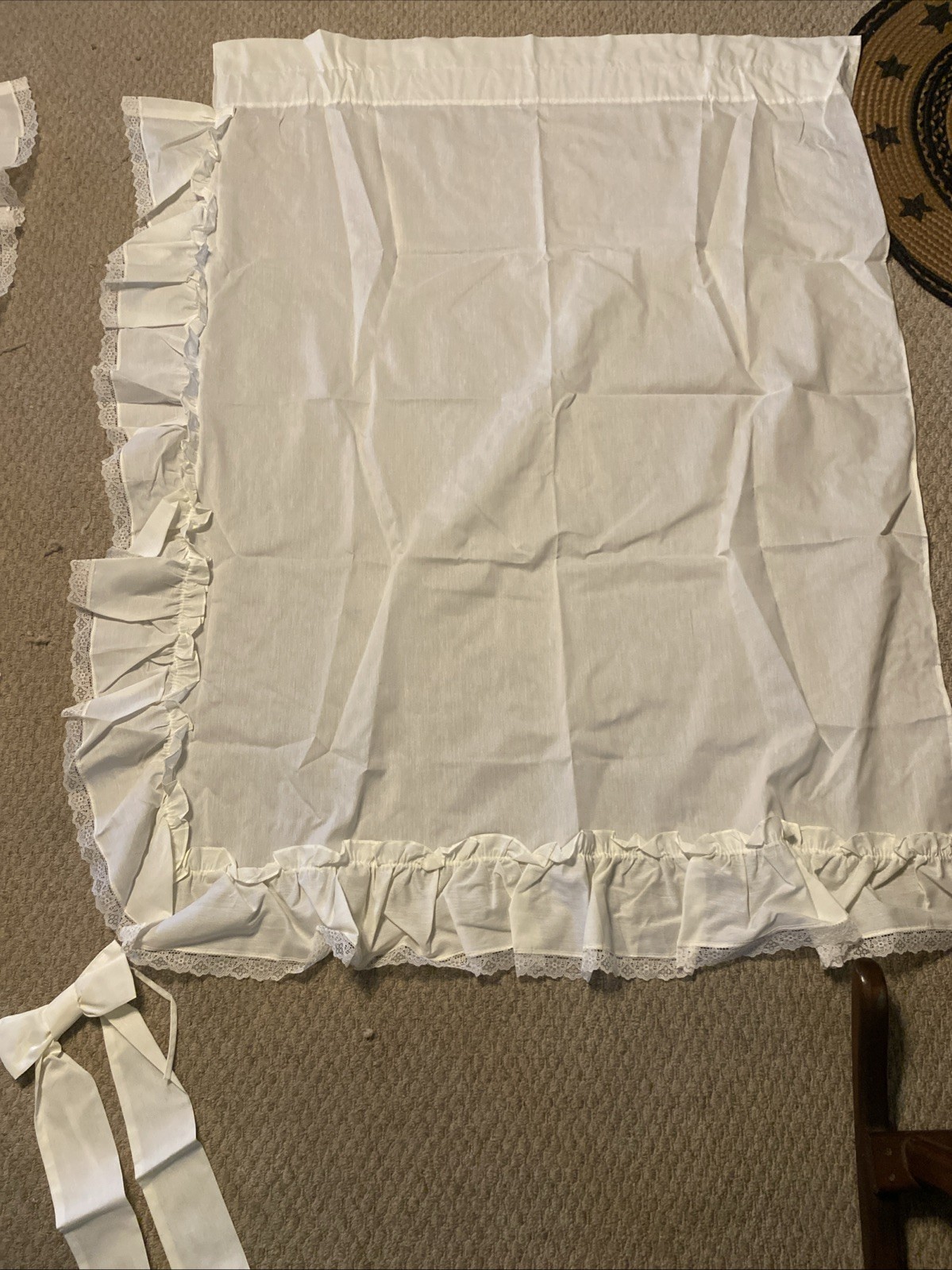 Pair Ivory Ruffled Curtains With Tie Back Bows Lace Trim 65″ Long Beautiful!