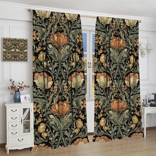 Rustic Floral Bird Decor Curtains – Vintage Blue Botanical Window Drapes 42x45in