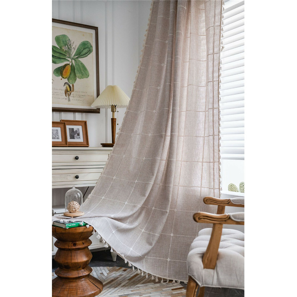Plain Tassel Curtain Curtain Plaid Embroidery Drape Living Bedroom Decor