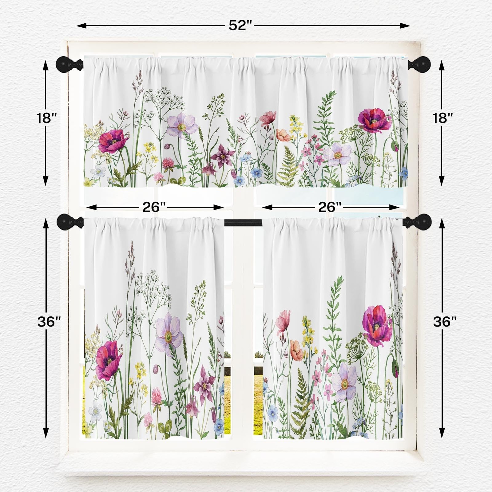 Spring Flower Kitchen Window Curtains Valance and Tier Set 36 Inch, Pink and …
