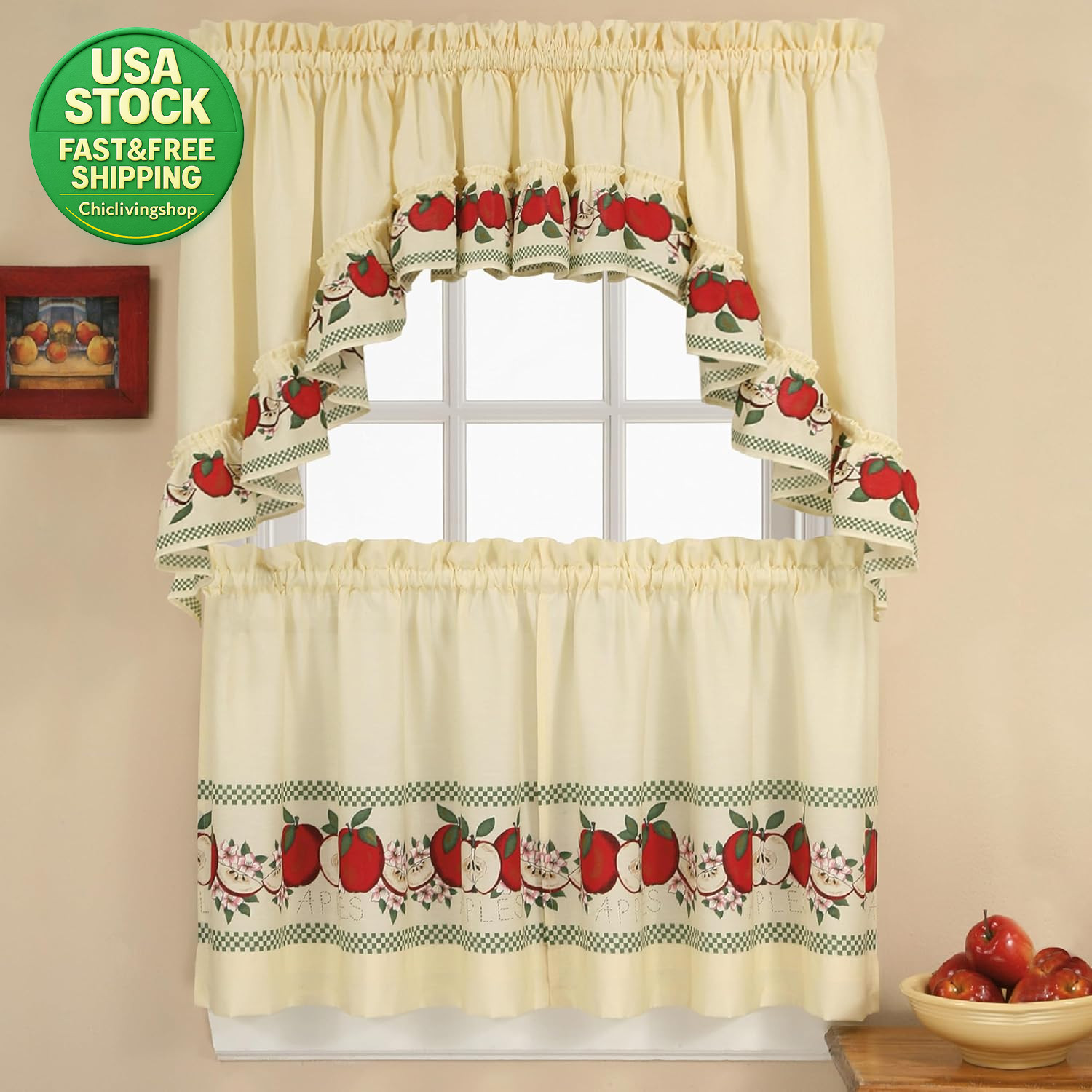 Window Curtain Tier Set Red Delicious Apples Ivory 56X24 3-Piece Lightweight