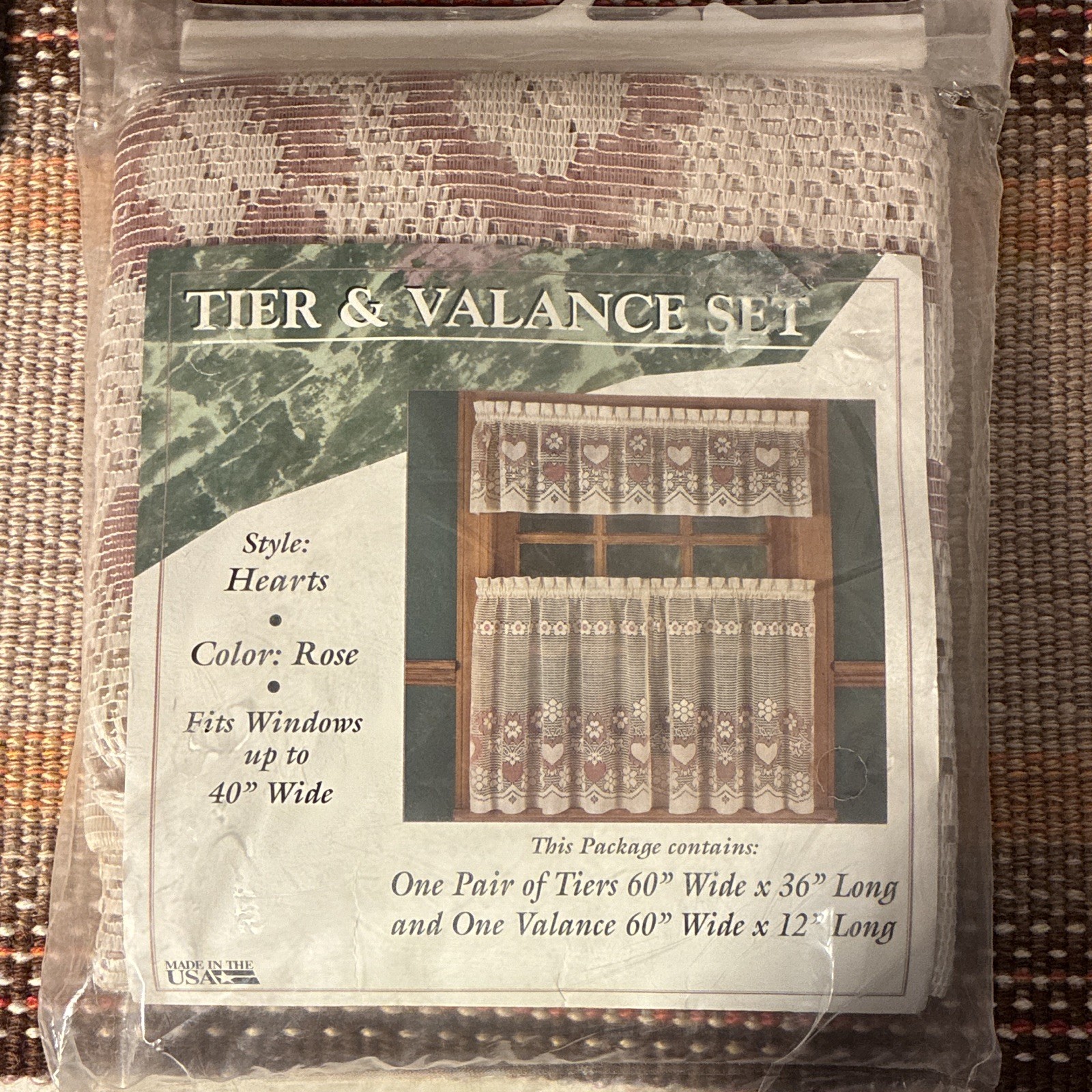 Hearts Rose Sheer & Valance Set 60×36 Polyester Rod Pocket Vintage Grannycore