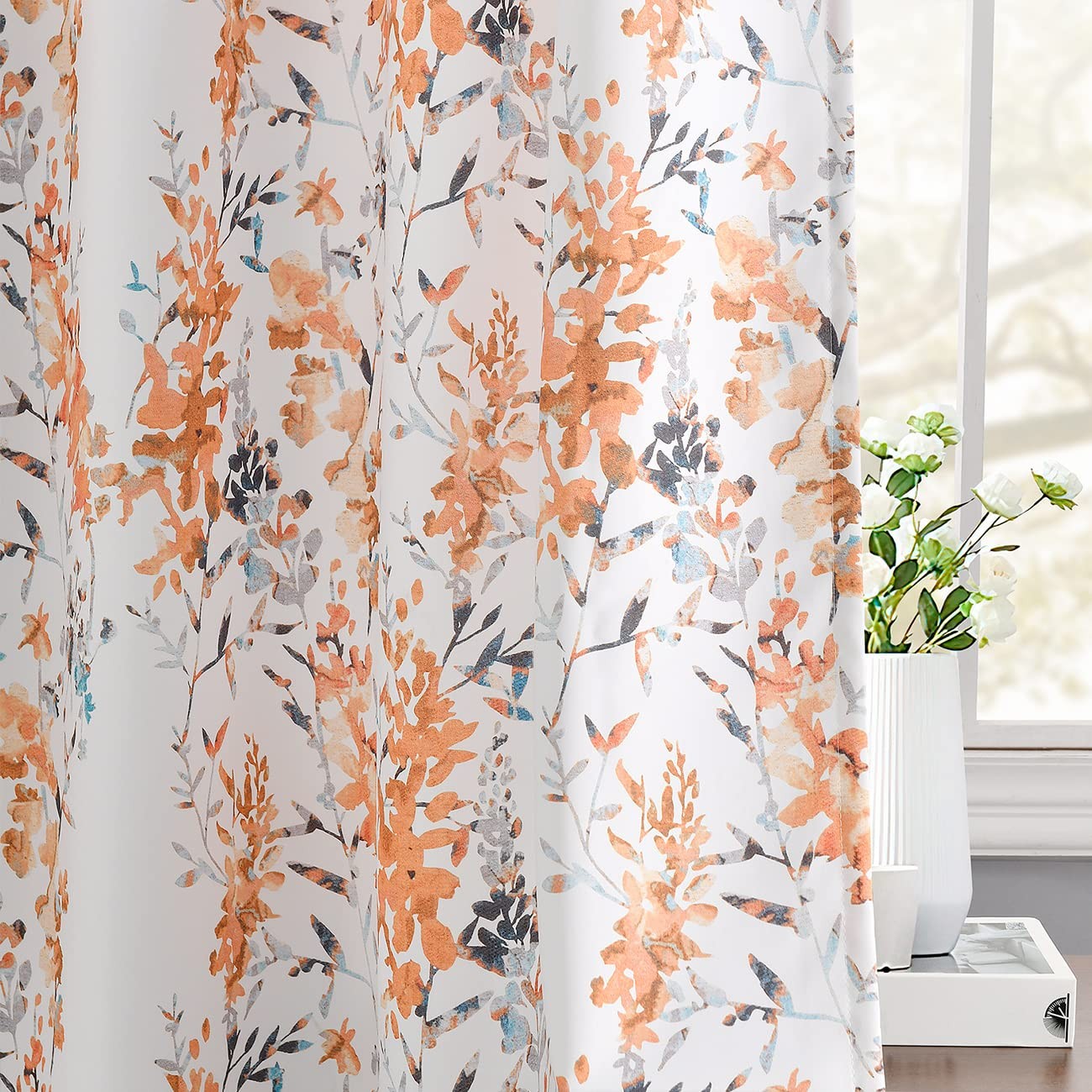 White Darkening Curtains, Orange Branch Leaf, 52×63 Inch, 2 Panels