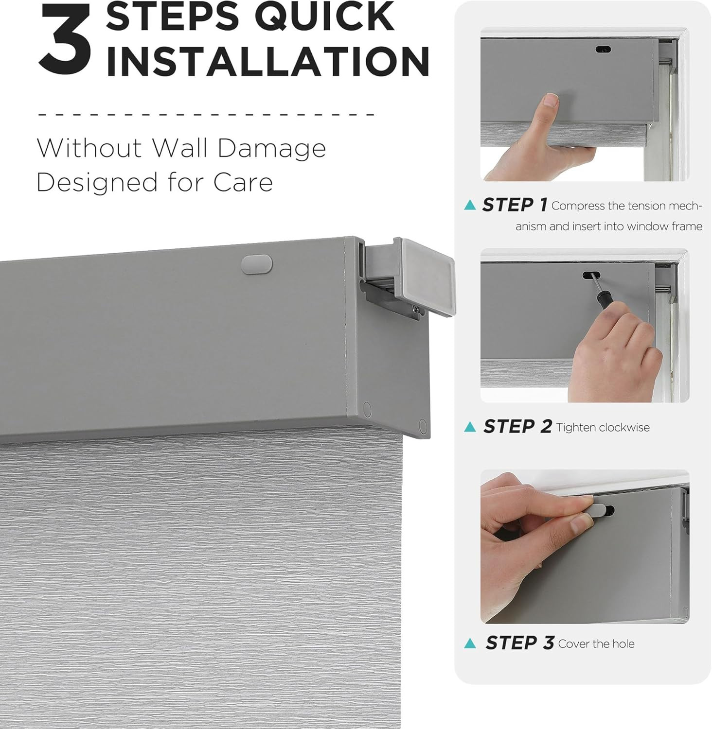 Cordless Blackout Roller Shades, UV Protection, Easy Install, Grey 33″x75