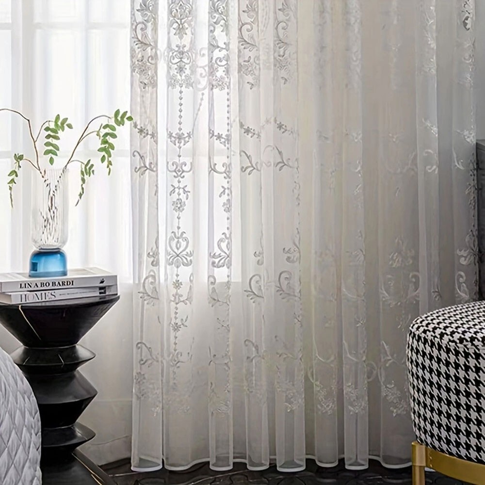 White Embroidery Floral Sheer Curtains Voile Drapes Panels Grommet Top Bedroom