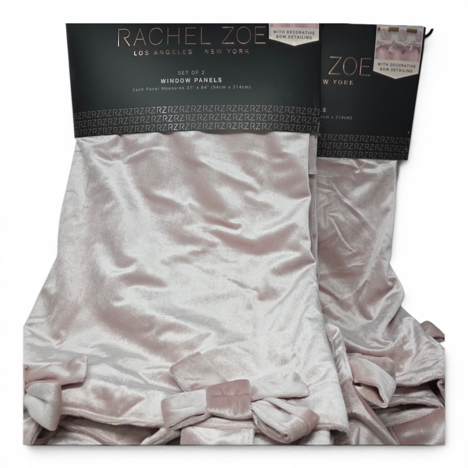Rachel Zoe Set of 4 Velvet Curtains 37×84 Dusty Blush Pink Bow Top Panels