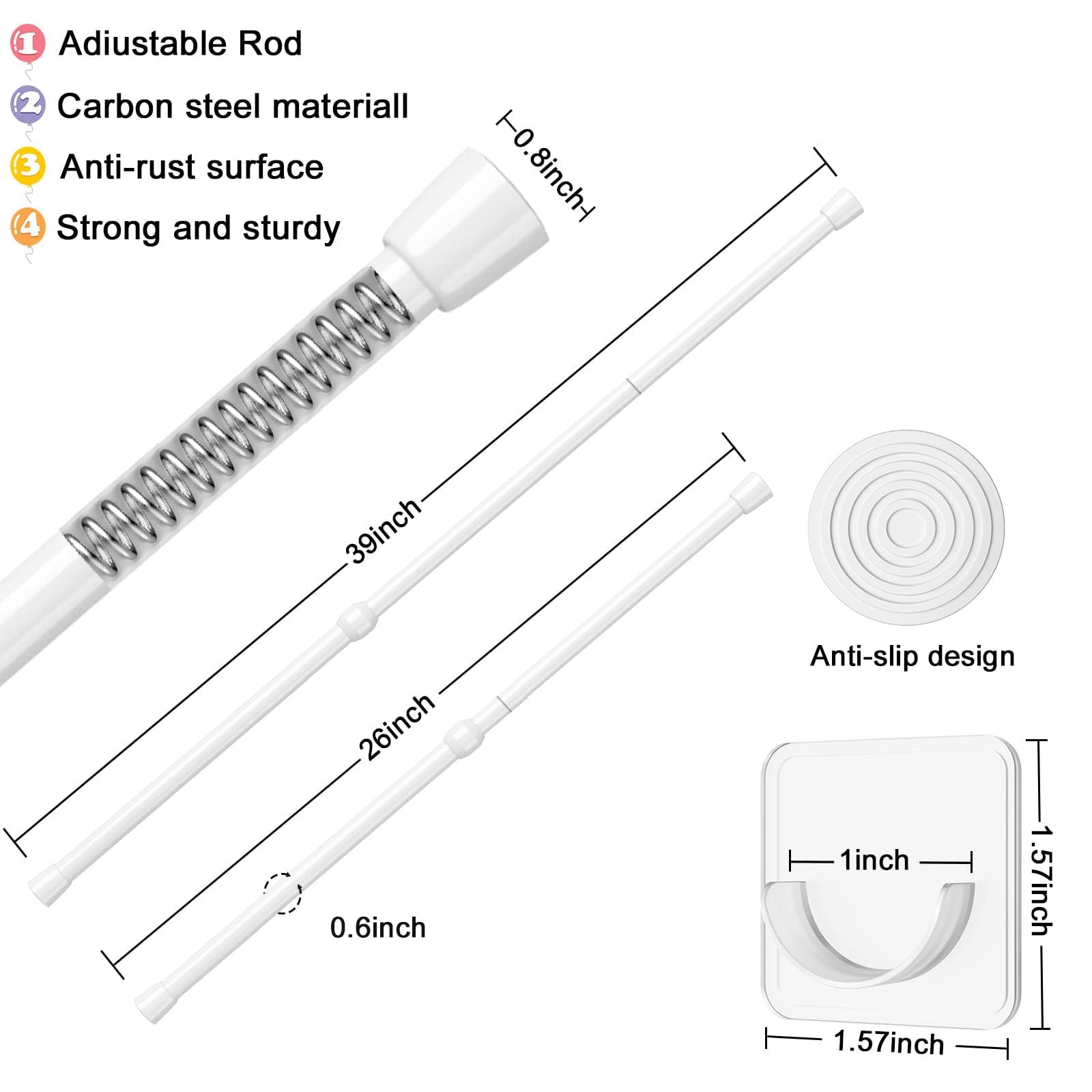 2Pcs Spring Tension Curtain Rods, Adjustable 2639 Inch, White