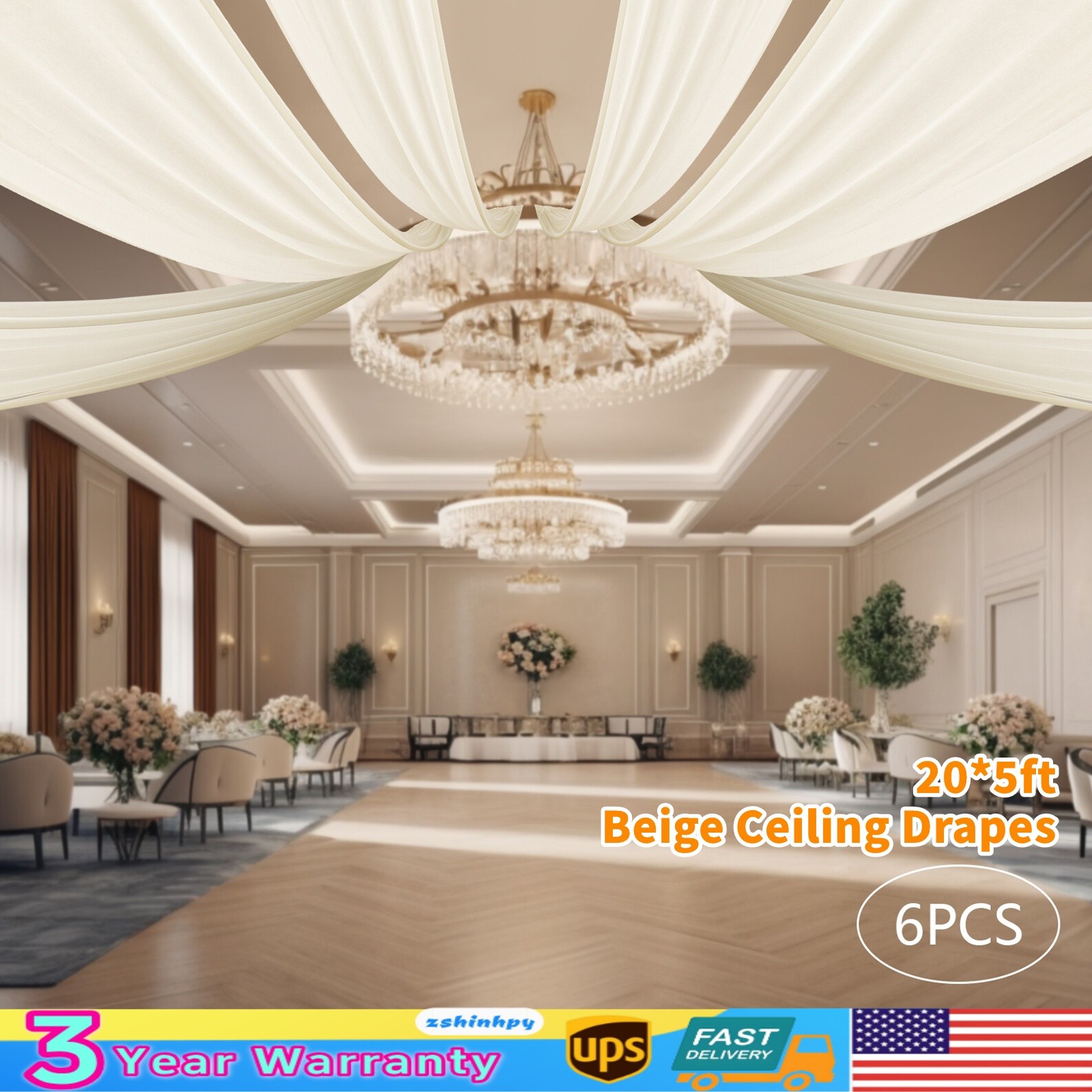 6pcs Beige Ceiling Drapes Professional Sheer Ceiling Curtain Party Decor 5×20 ft