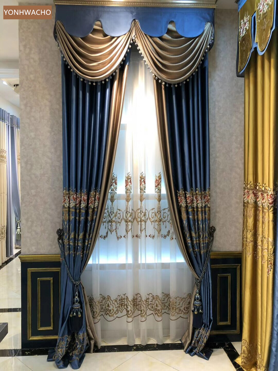 high-precision embroidered blue cloth curtain valance tulle drapery C762