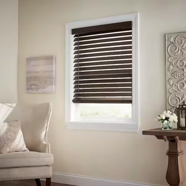 Espresso Cordless Premium Faux Wood Blinds with 2.5 in. Slats – 41.5 in. W x 64