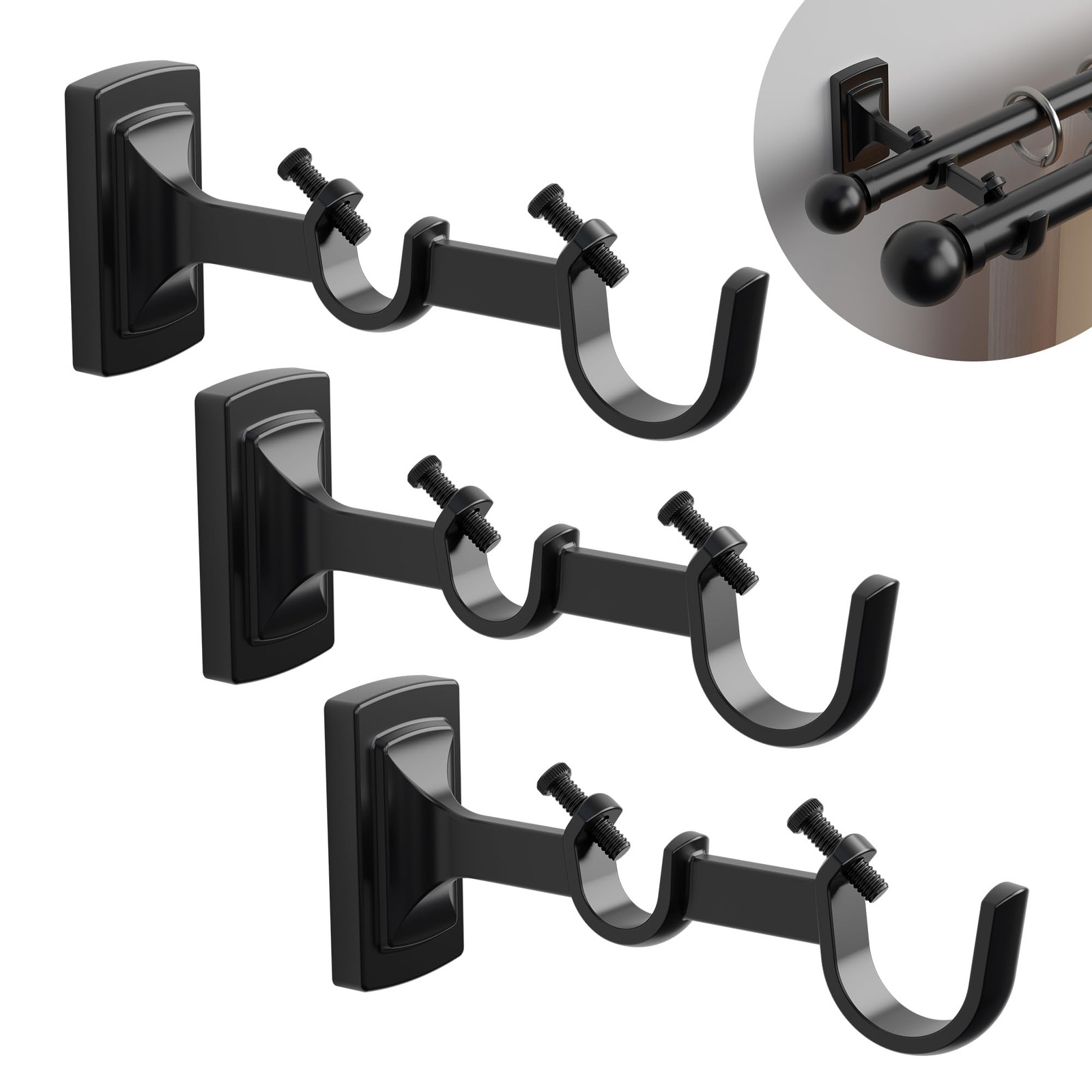 Heavy Duty Double Curtain Rod Brackets Adjustable Matte Black Holders