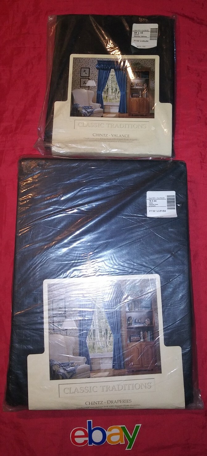 VINTAGE Classic Traditions Curtain Drapes & BLOUSON VALANCE SET BLACK 84X78 NEW!