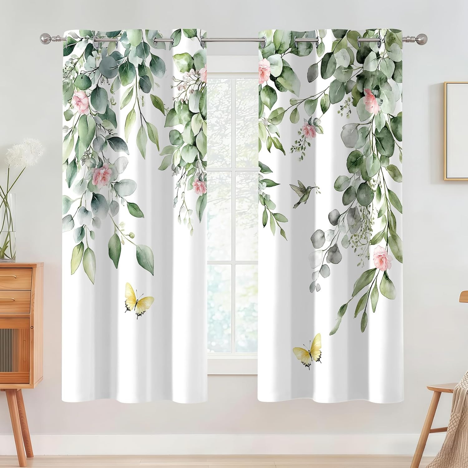 Pink Floral Blackout Curtains for Bedroom, Green Leaf and Pink Flower Butterfly