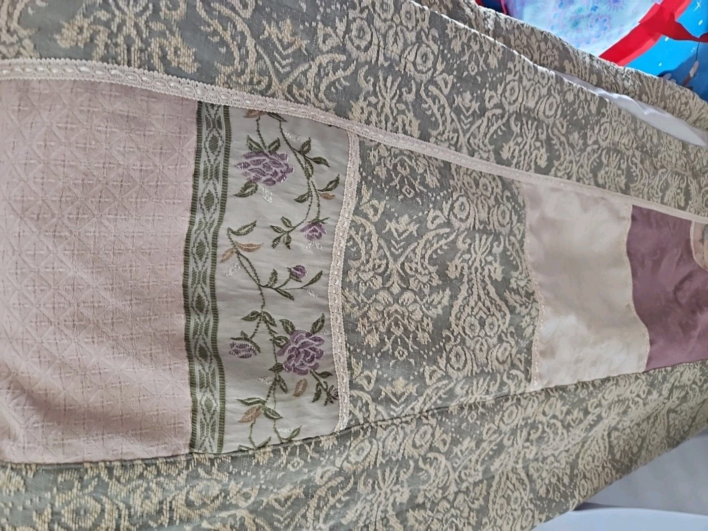 Croscill CAITLIN Lined Valance * Damask Floral Sage, Purple & Rose Patchwork